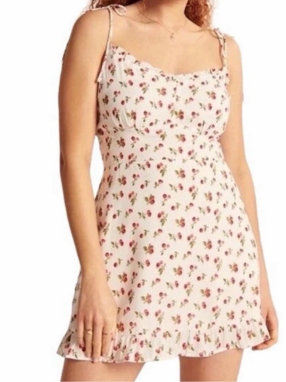 Abercrombie & Fitch White Cherry Print Tie-Strap Smocked Mini Dress
